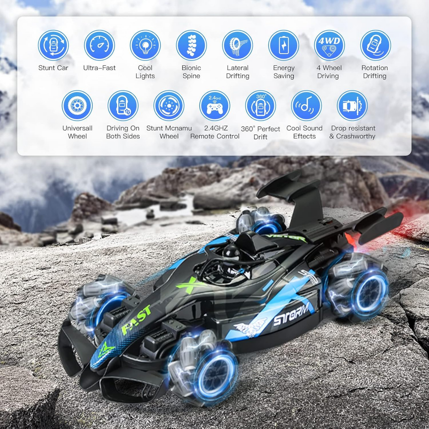 2-in-1 Gesture & Remote Control Drift Racing Car – 360° Spins, Lights, Music & Spray Effect for Kids
