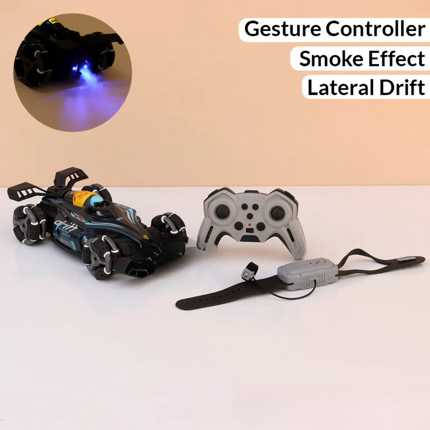 2-in-1 Gesture & Remote Control Drift Racing Car – 360° Spins, Lights, Music & Spray Effect for Kids