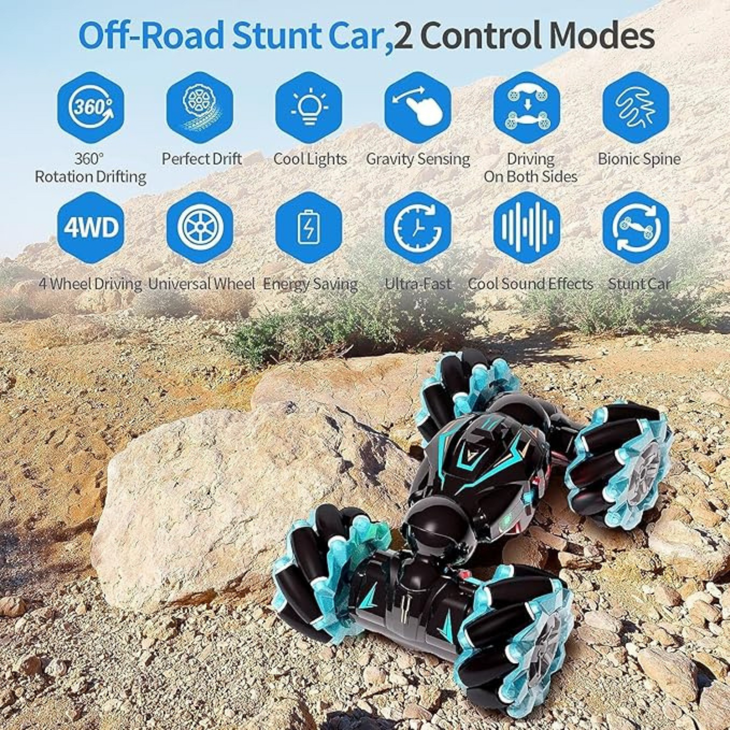 Gesture Sensing RC Stunt Car – 360° Rotating Off-Road Remote Control Toy with Dual Control Mode, Lights & Music