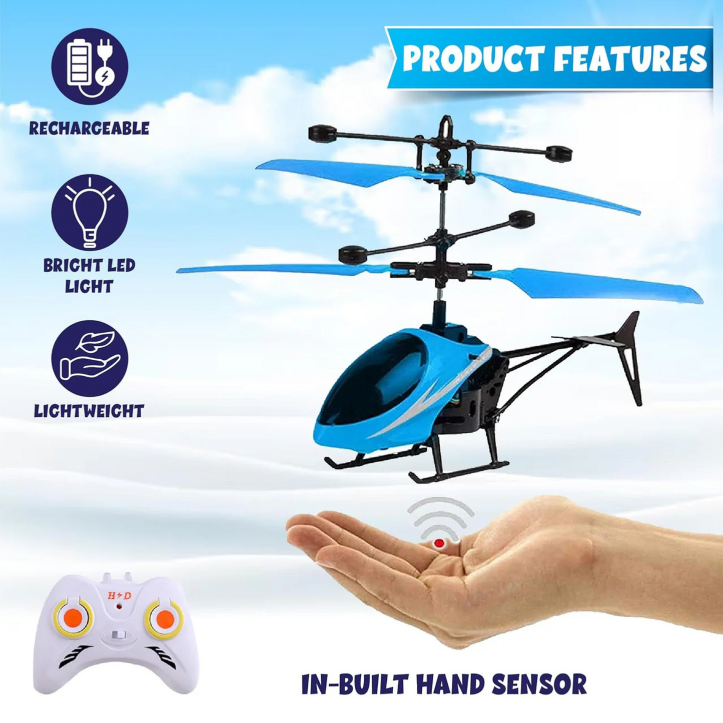 Rechargeable Flying Helicopter Toy with Hand Sensor, Remote Control & LED Lights