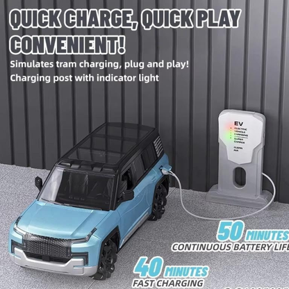 1:12 Scale Rechargeable RC Drift Car with EV Power Charging Station | Auto Parking, Remote Door Open, LED Lights & Music | Premium Remote Control Toy Car for Kids 3+ Years