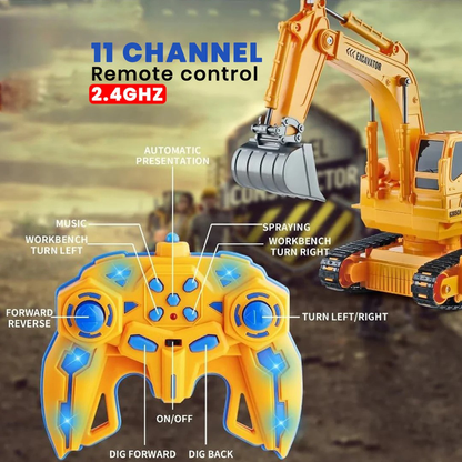 2.4GHz Rechargeable RC Excavator Construction Toy with Booster Spray & 360° Rotation | 11-Channel Remote Control Digger Truck for Kids 3+ Years