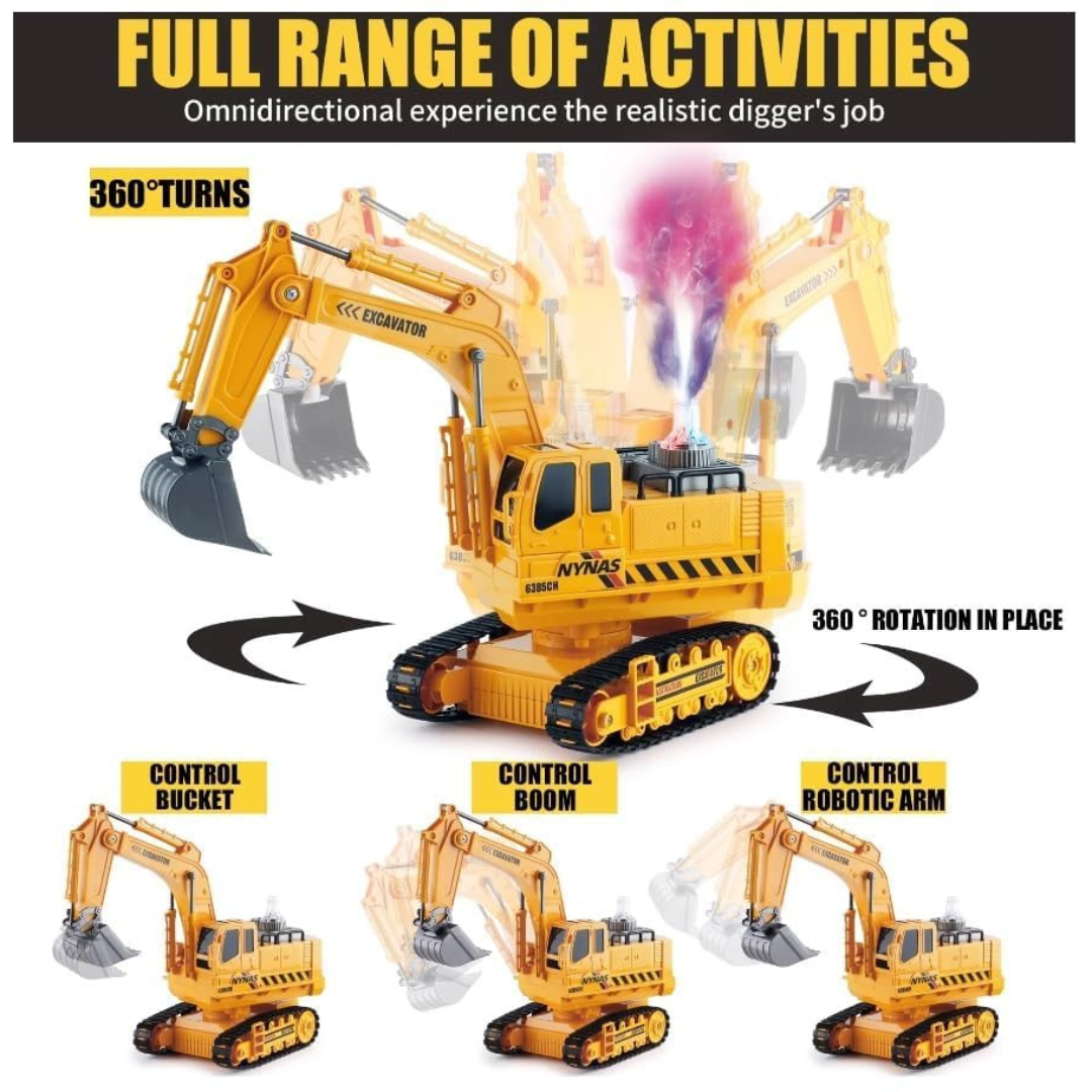 2.4GHz Rechargeable RC Excavator Construction Toy with Booster Spray & 360° Rotation | 11-Channel Remote Control Digger Truck for Kids 3+ Years