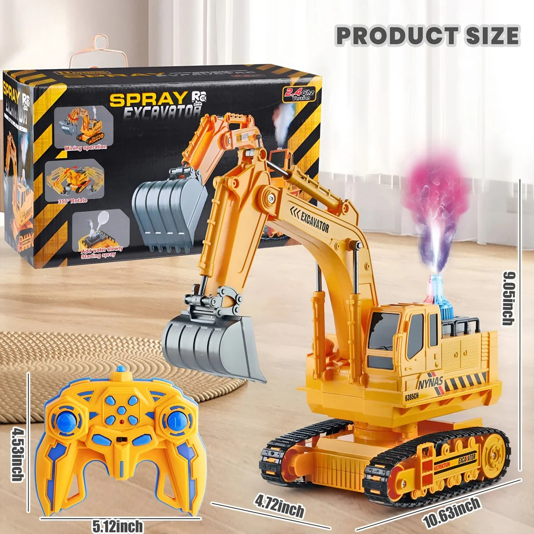 2.4GHz Rechargeable RC Excavator Construction Toy with Booster Spray & 360° Rotation | 11-Channel Remote Control Digger Truck for Kids 3+ Years
