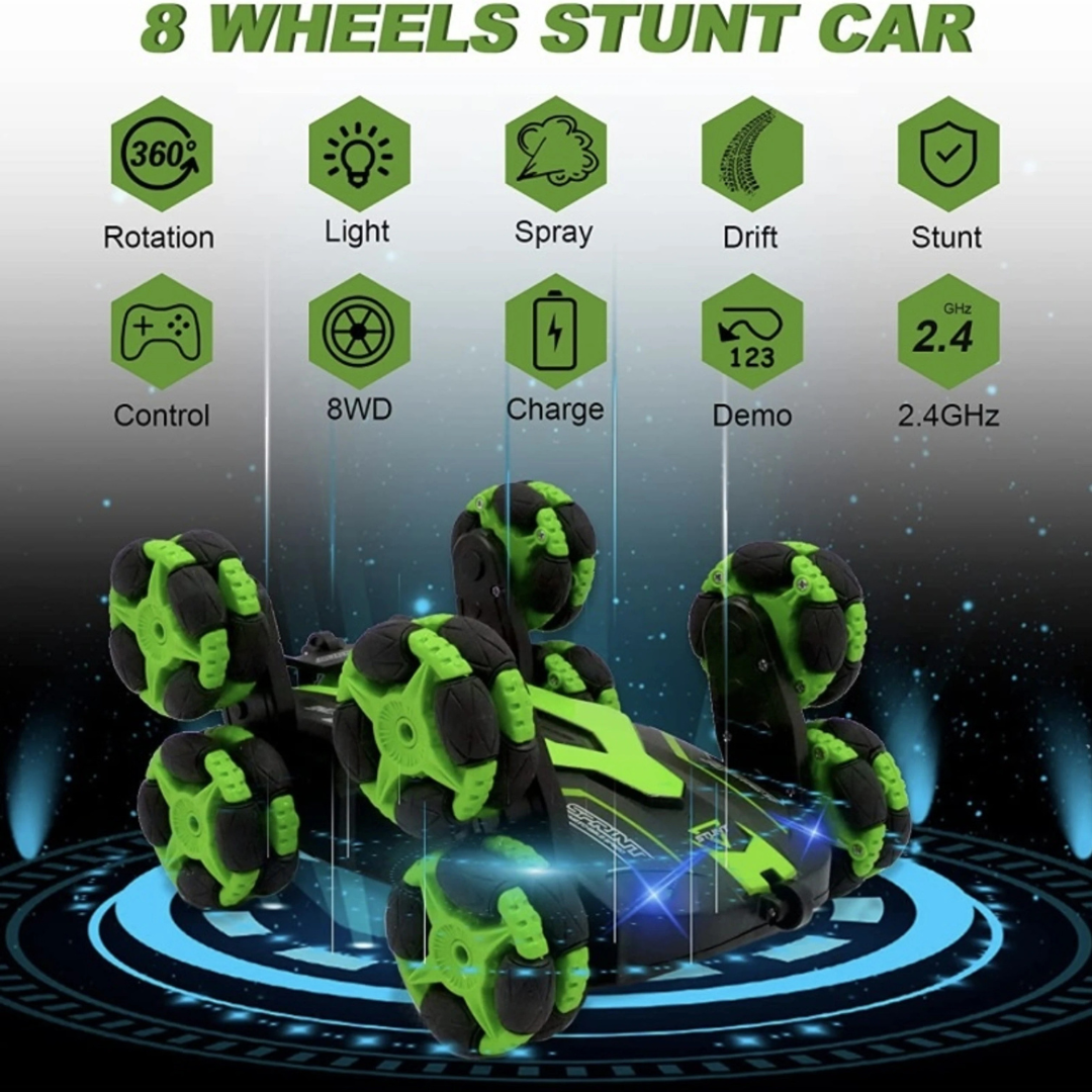8WD RC Stunt Car with Spray, Lights & Music | 2.4GHz Remote Control 360° Rotation Toy Vehicle for Kids 3+ Years
