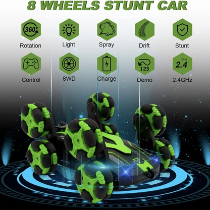 8WD RC Stunt Car with Spray, Lights & Music | 2.4GHz Remote Control 360° Rotation Toy Vehicle for Kids 3+ Years