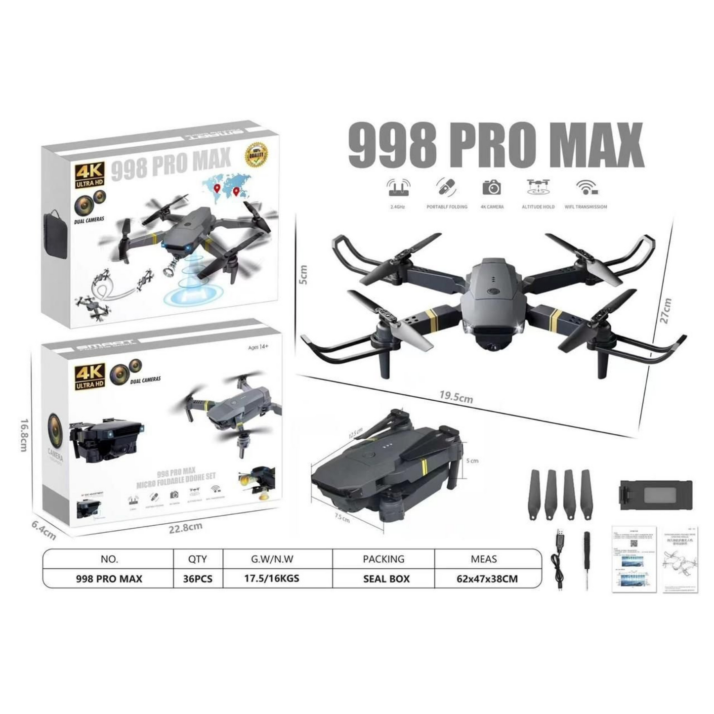 998 PRO MAX 4K Dual Camera Drone – Foldable WiFi RC Quadcopter with Altitude Hold & Headless Mode