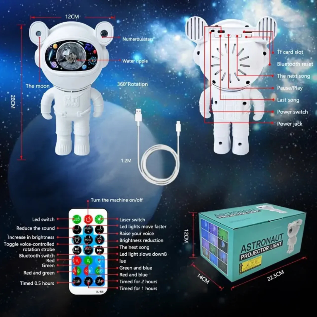 Astronaut Galaxy Projector Light – 360° Rotating Star Night Lamp with Remote Control & Nebula Effects