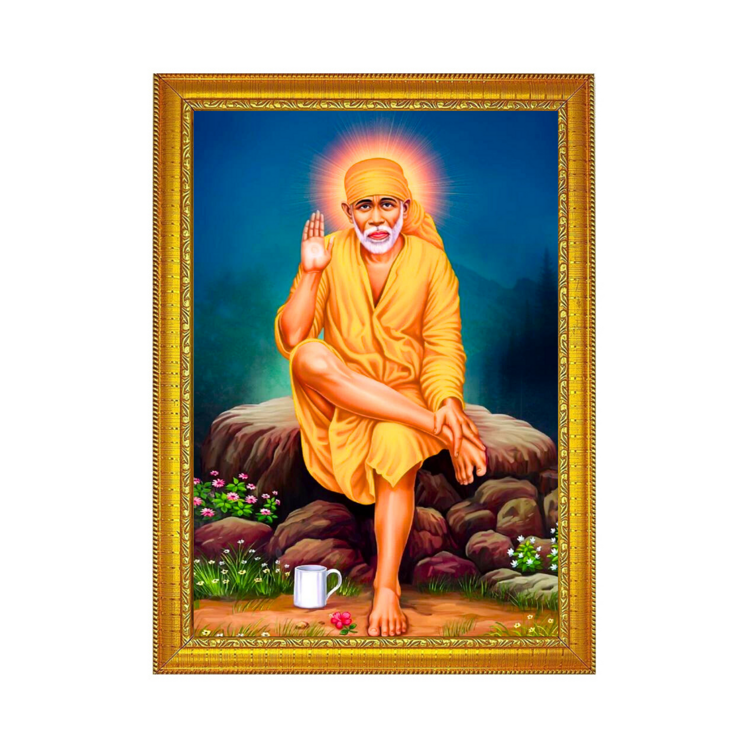 "Sai Baba" 8x12 Inches Glassy Finish Photo Frame - Divine Blessings for Your Home and Office