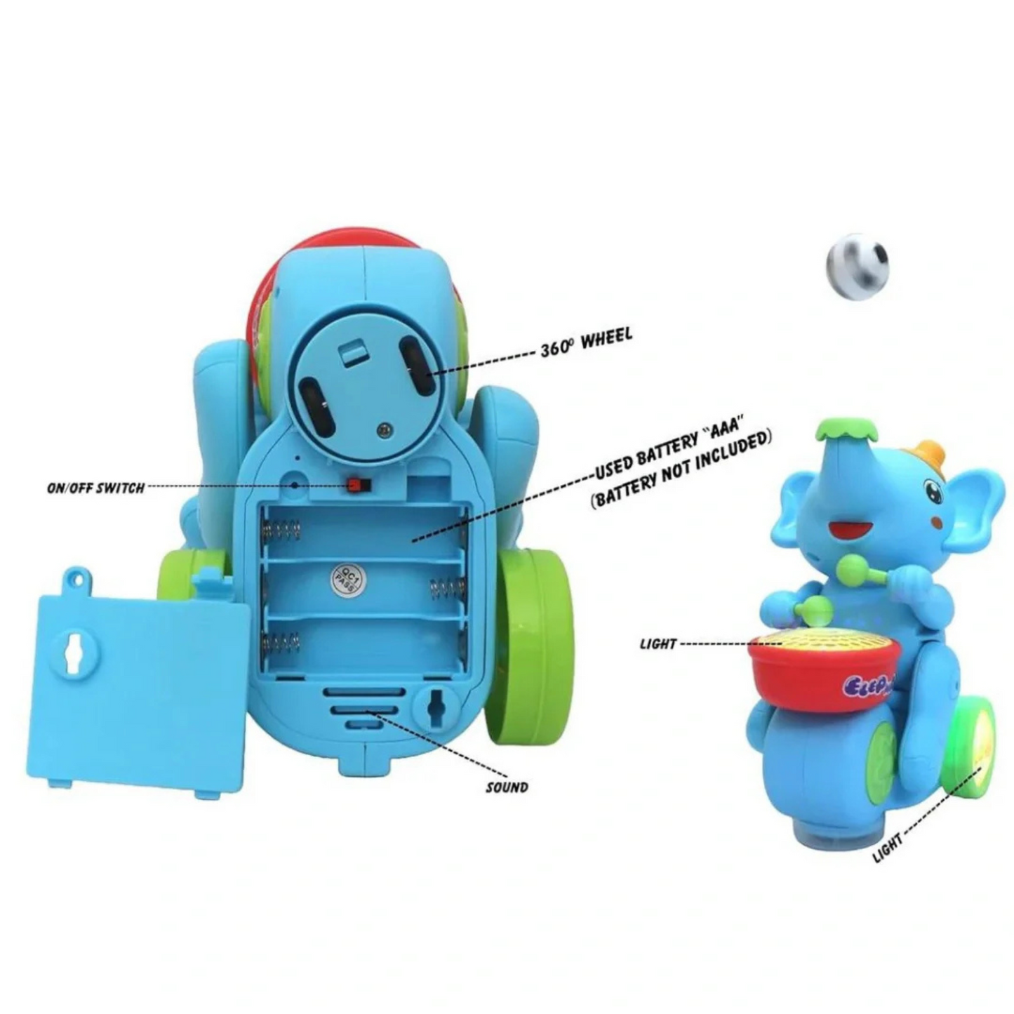 Elephant Musician Toy for Kids - Musical Drum Toy with Lights, Bump & Go Action, Balancing Football Fun