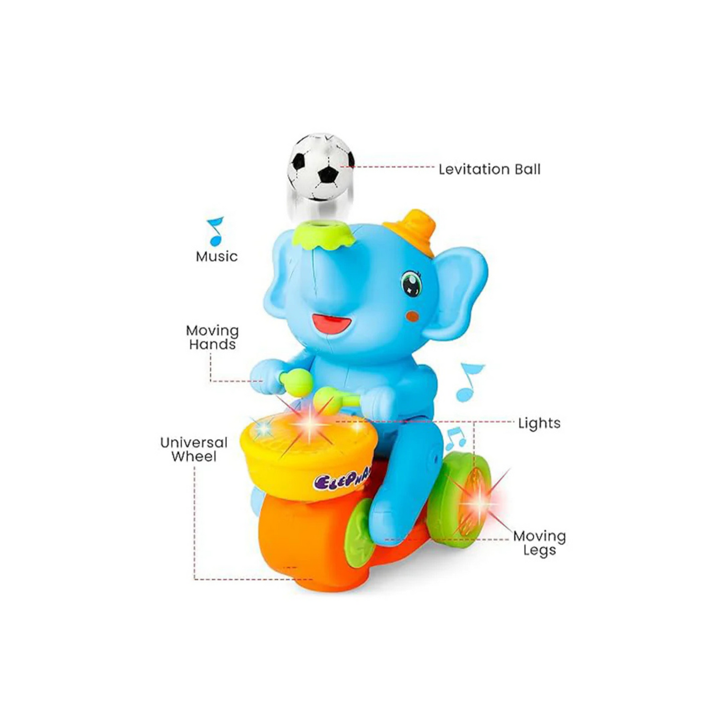 Elephant Musician Toy for Kids - Musical Drum Toy with Lights, Bump & Go Action, Balancing Football Fun