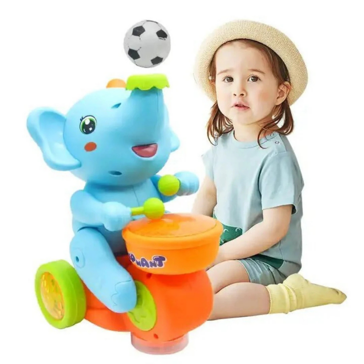 Elephant Musician Toy for Kids - Musical Drum Toy with Lights, Bump & Go Action, Balancing Football Fun