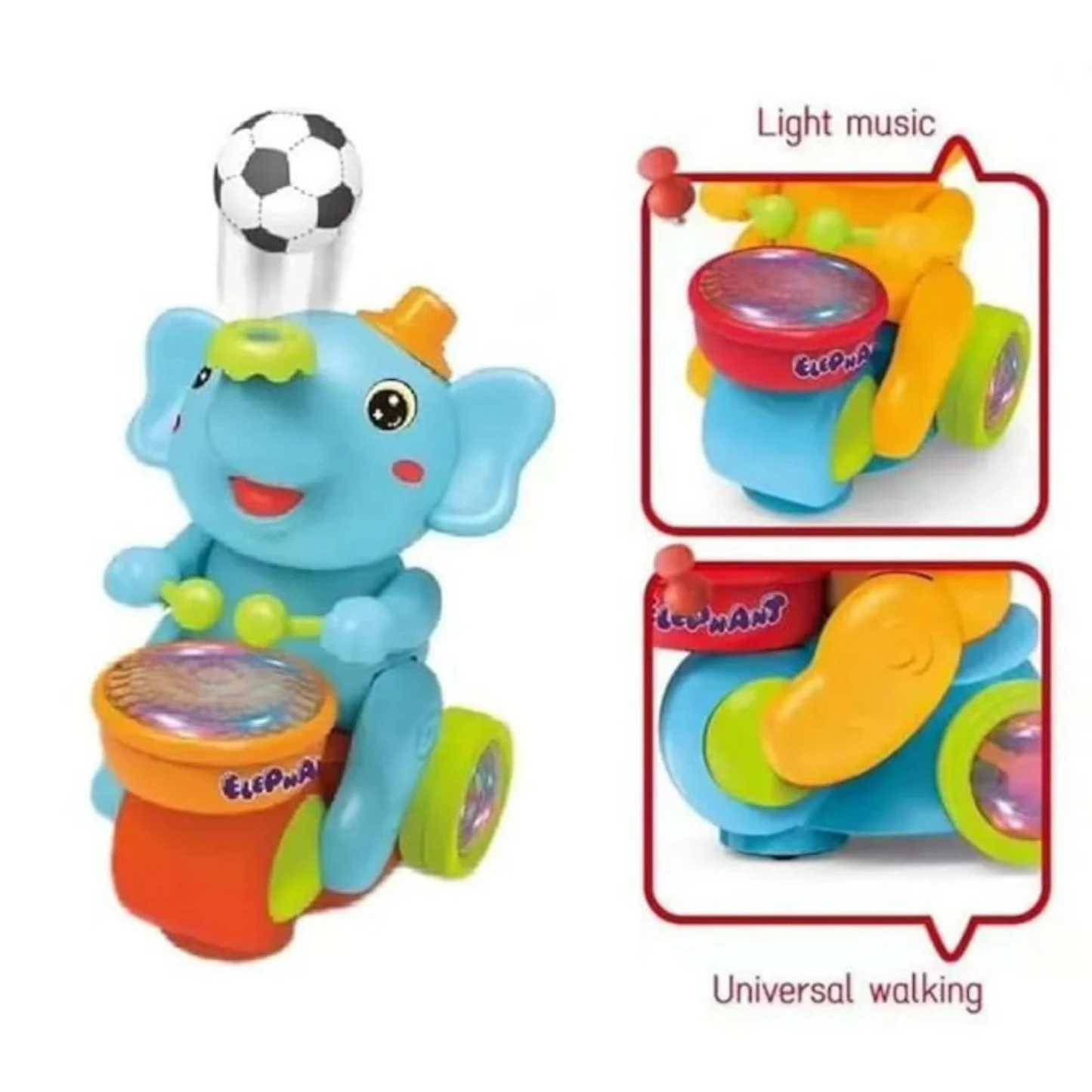 Elephant Musician Toy for Kids - Musical Drum Toy with Lights, Bump & Go Action, Balancing Football Fun