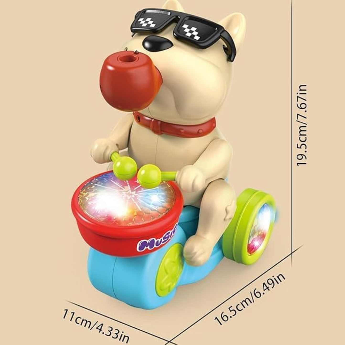Musical Drummer Dog Toy with Lights, Sounds