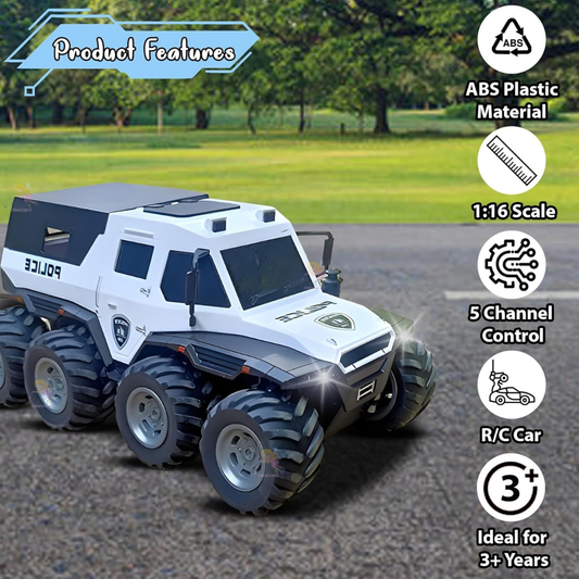PUBG Police Tank 8-Wheel Off-Road Remote Control Car | 1:16 Scale RC Police Vehicle with LED Lights & 5-Channel Control | Toy Car for Kids 3+ Years