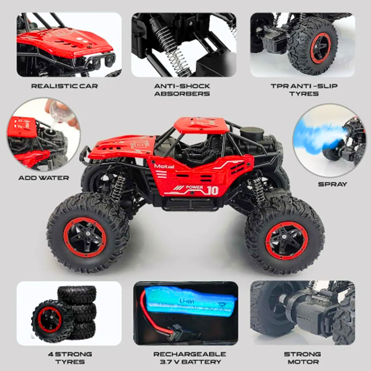 RC Monster Truck Toy – Off-Road Car with Mist Smoke & LED Lights | Rechargeable