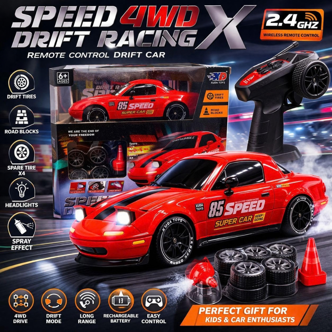 Rechargeable 4WD RC Drift Racing Car with LED Lights, Spray Effect & 2.4GHz Remote – Toy Car for Kids 6+