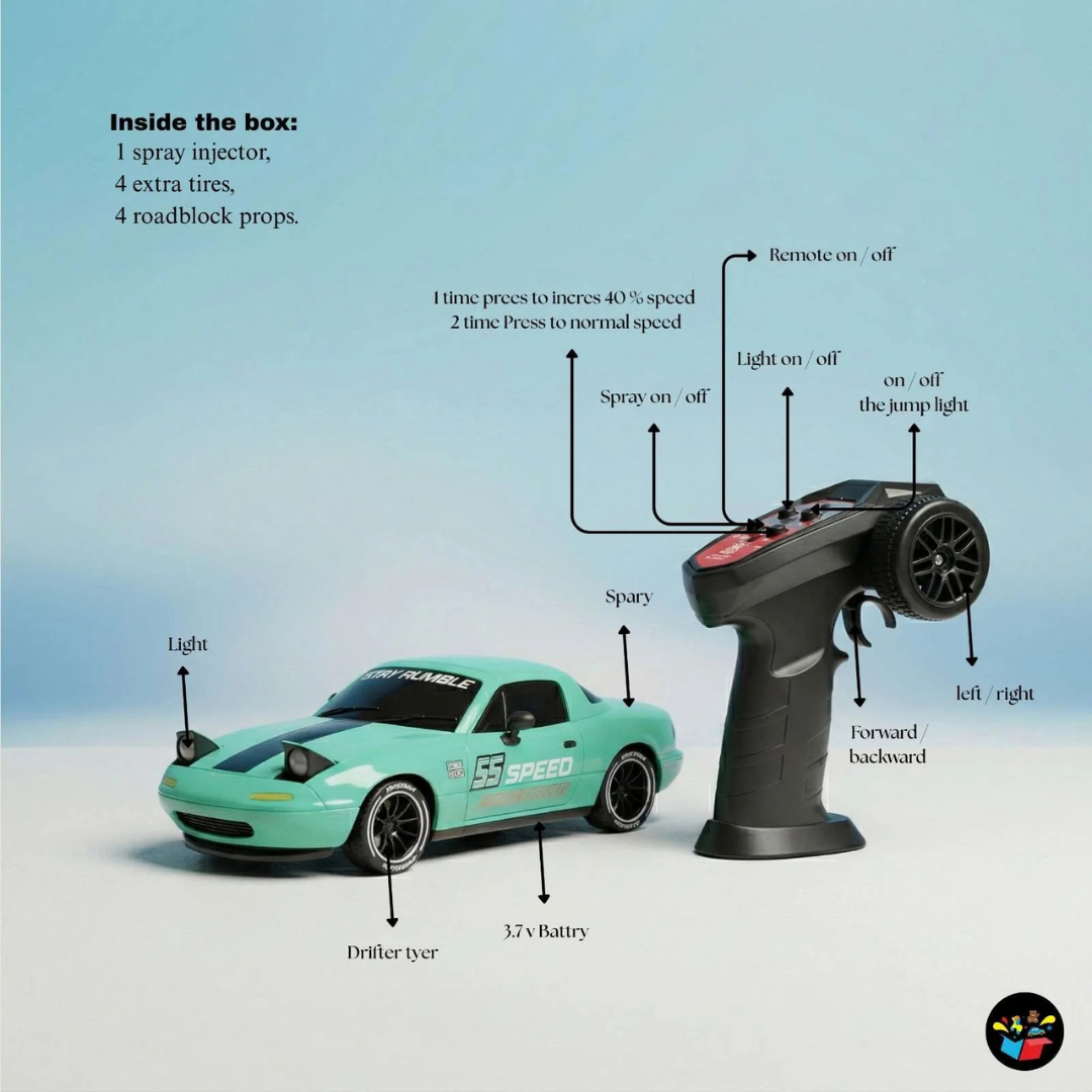 Rechargeable 4WD RC Drift Racing Car with LED Lights, Spray Effect & 2.4GHz Remote – Toy Car for Kids 6+