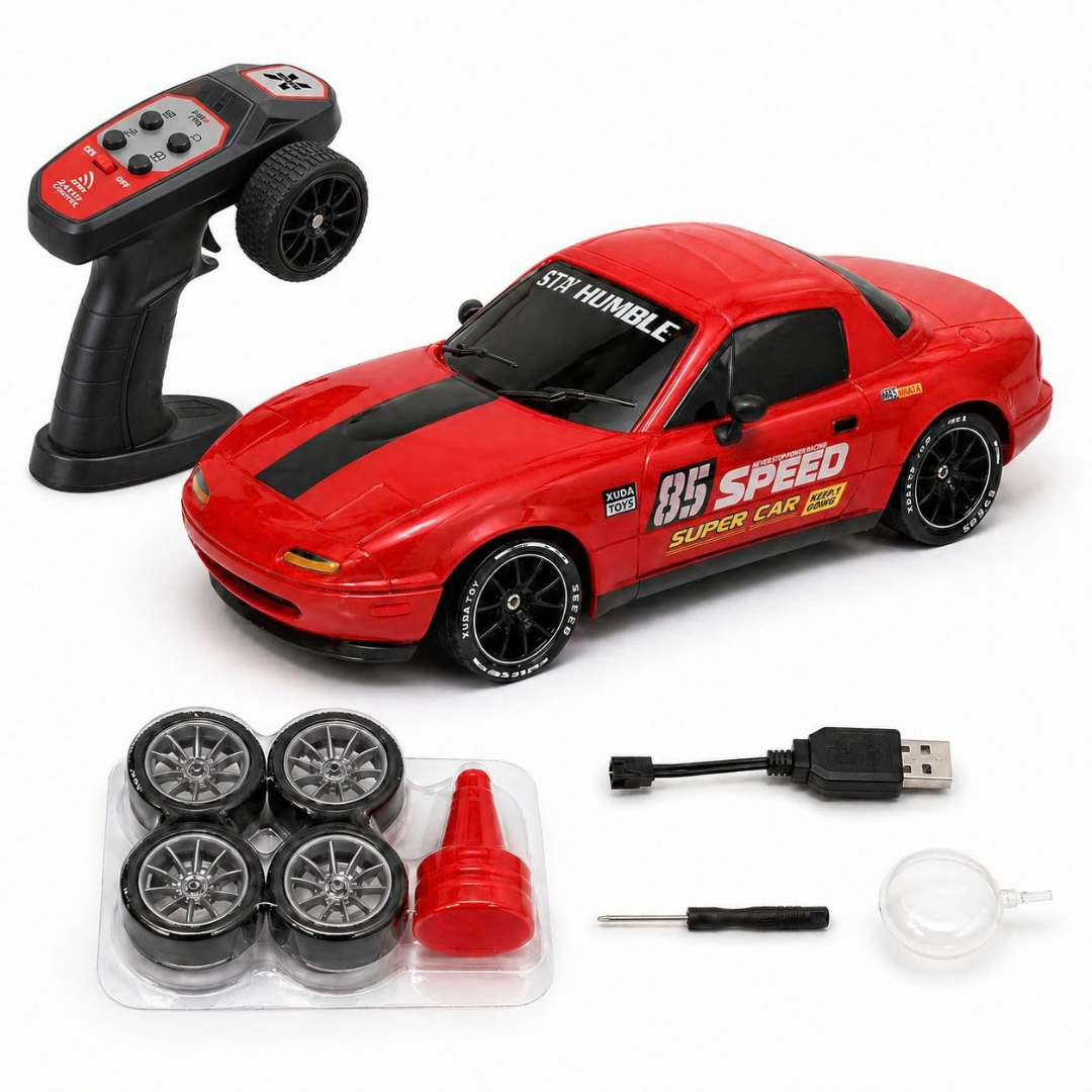Rechargeable 4WD RC Drift Racing Car with LED Lights, Spray Effect & 2.4GHz Remote – Toy Car for Kids 6+