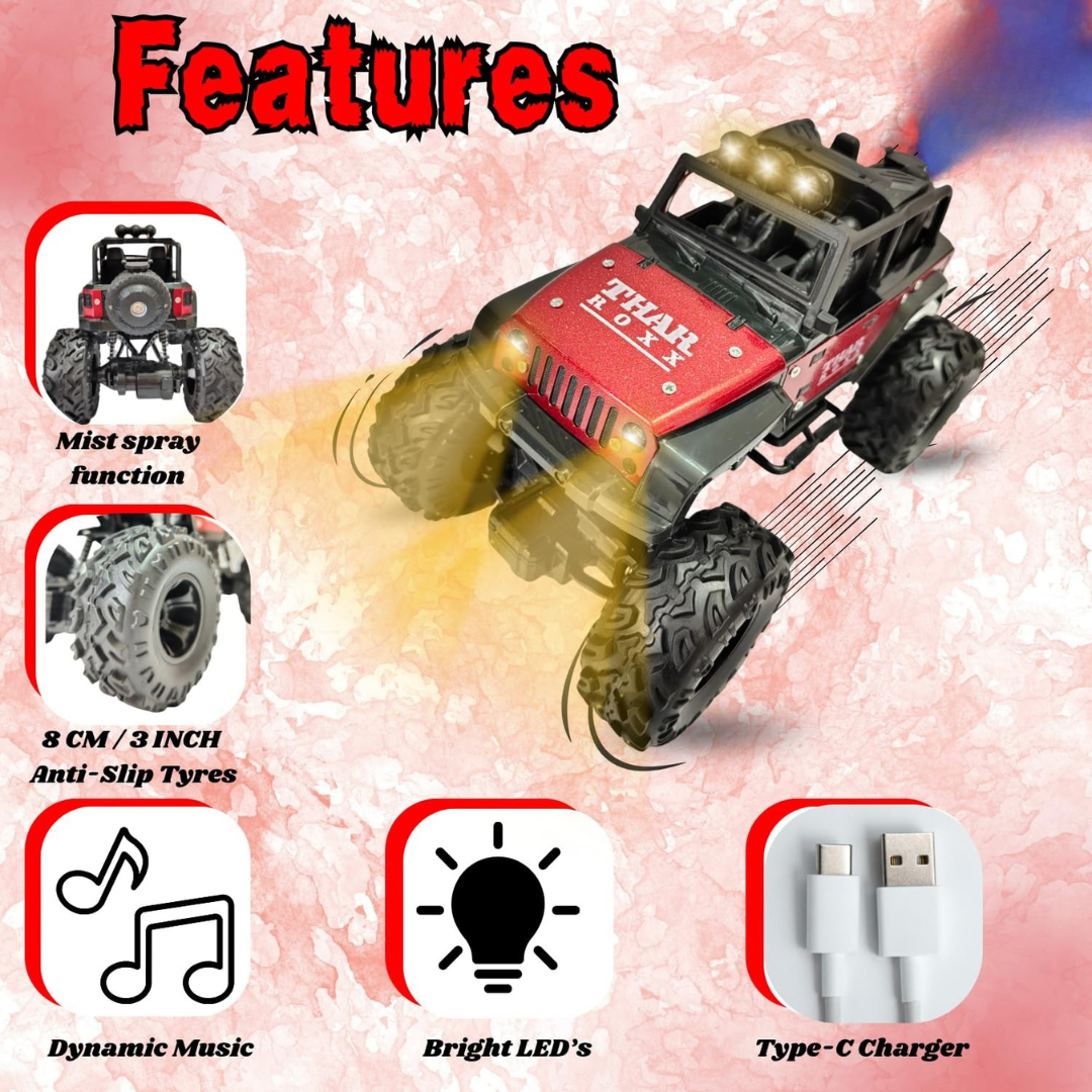 Thar Roxx Rechargeable RC Off-Road Car with Mist Spray, LED Lights & Music | Big Wheel Remote Control Toy Car for Kids 3+ Years
