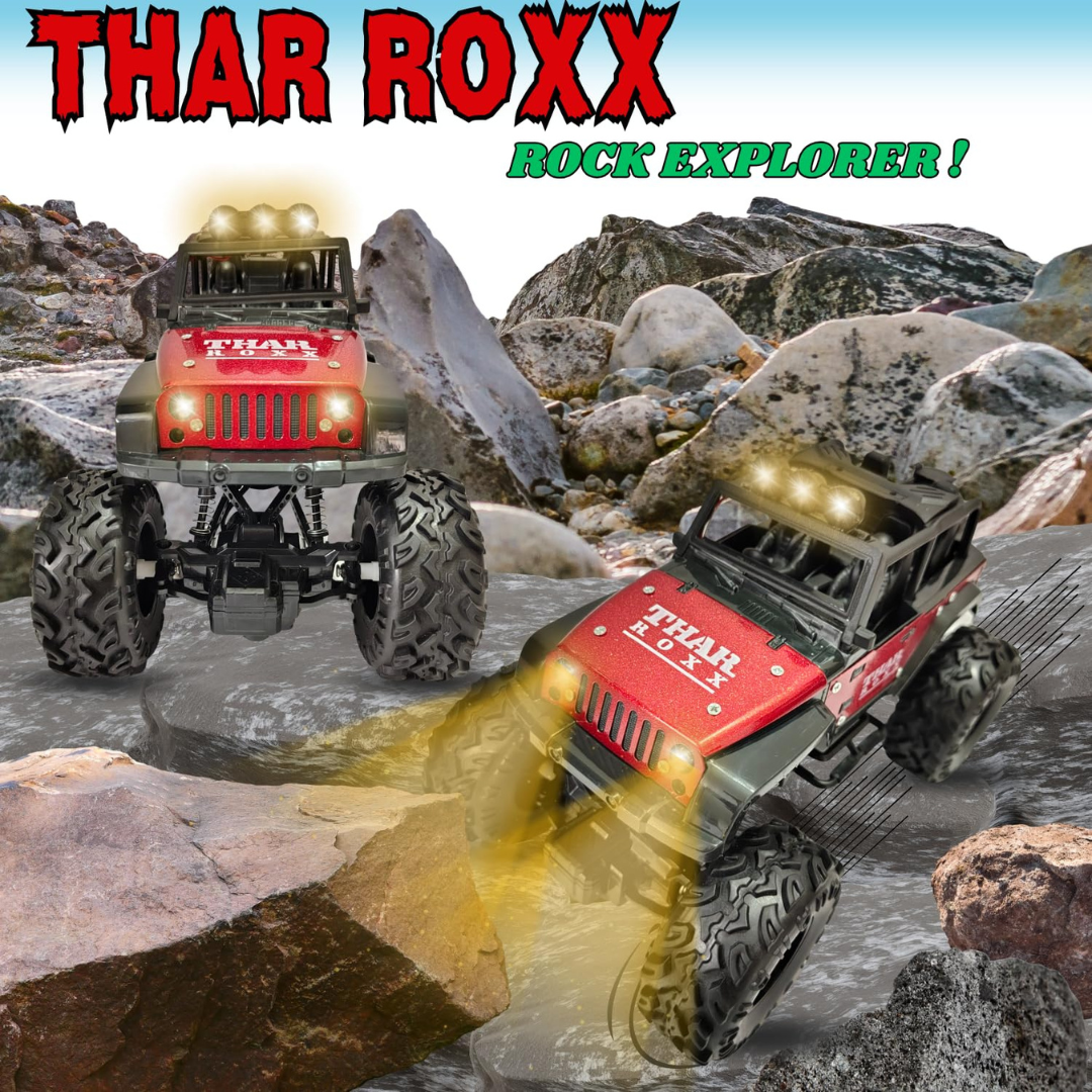 Thar Roxx Rechargeable RC Off-Road Car with Mist Spray, LED Lights & Music | Big Wheel Remote Control Toy Car for Kids 3+ Years