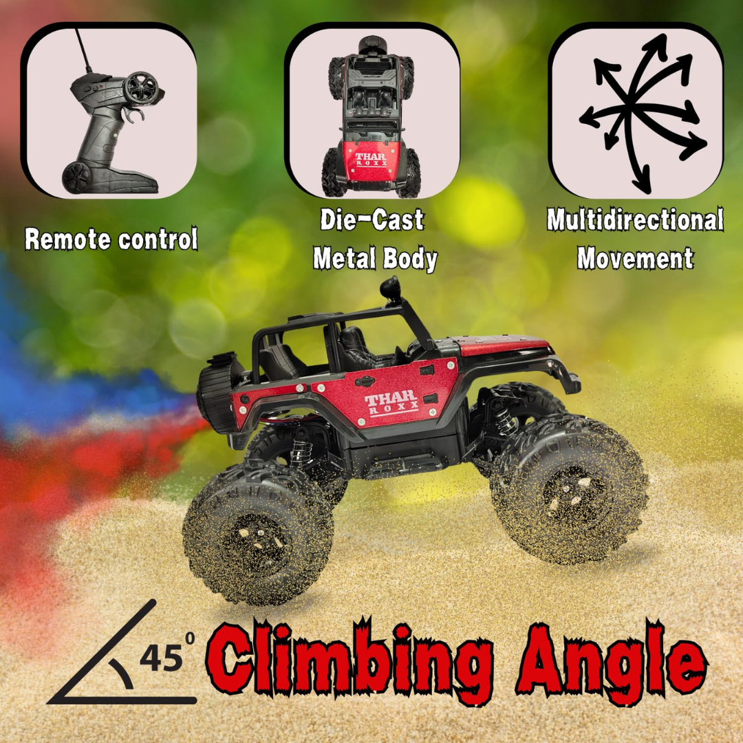 Thar Roxx Rechargeable RC Off-Road Car with Mist Spray, LED Lights & Music | Big Wheel Remote Control Toy Car for Kids 3+ Years